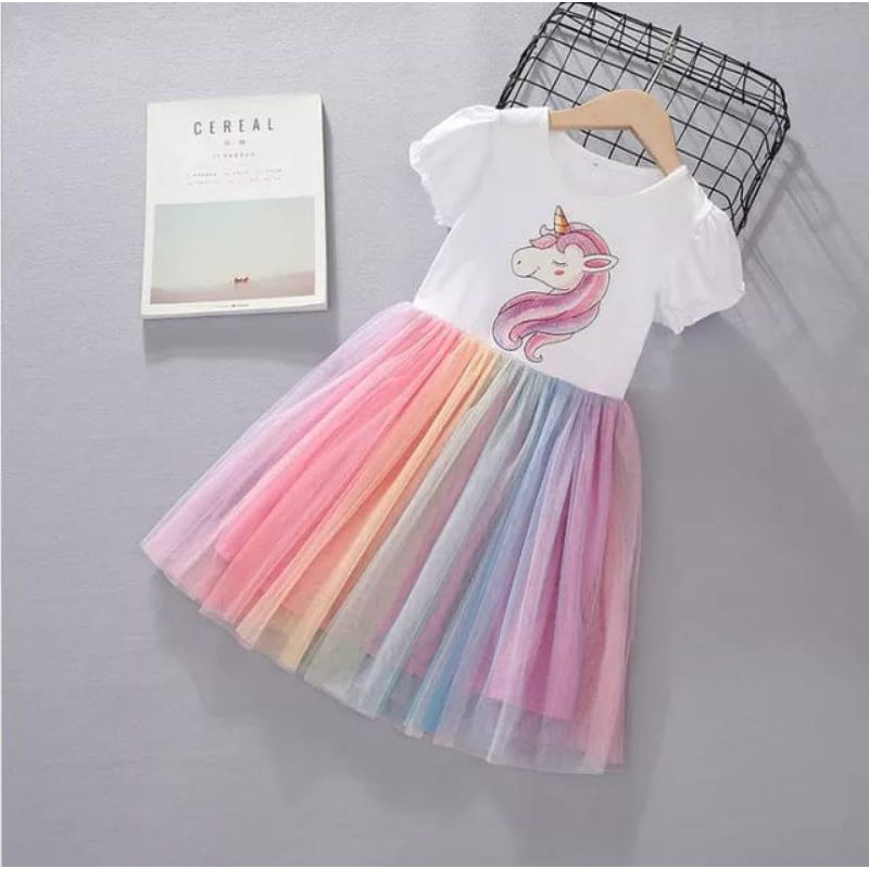 Gaun Anak Kuda poni Dress pelangi  Dress tutu pelangi anak motif unicorn costum anak lucu