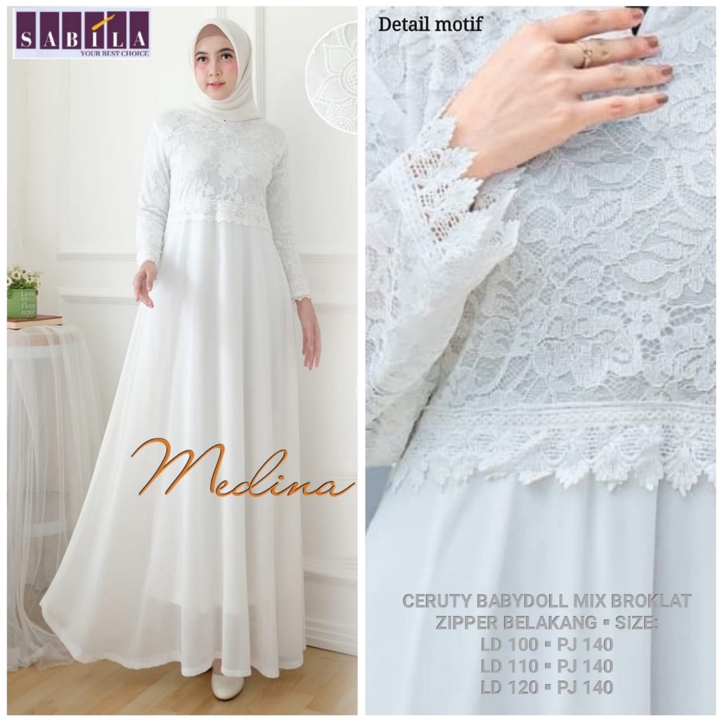 MEDINA DRESS GAMIS WANITA DEWASA MUSLIMAH TERBARU LD 100 110 120 PUTIH BERSIH IBU IBU LEBARAN 2022 O