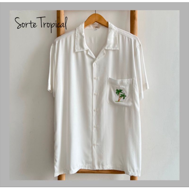Baju Kemeja Pantai Hawaiian Pria Wanita Casual Plain Polos Putih Natural - Bordir Coconut Tree Exclusive Edition