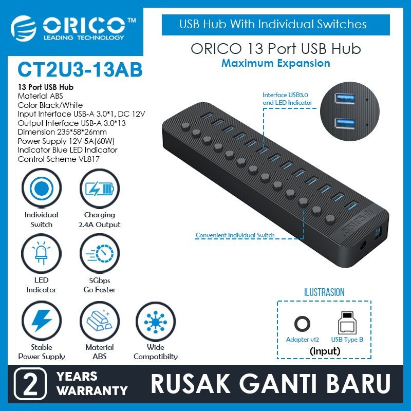 ORICO CT2U3-13AB 13 Port USB Hub With Individual Switches