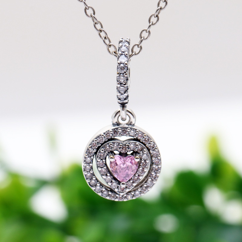 Pandora Kalung 925 Silver Shining Double Ring Dengan Liontin Hati Aksen Kubik Zirkonia Pink Untuk Wanita