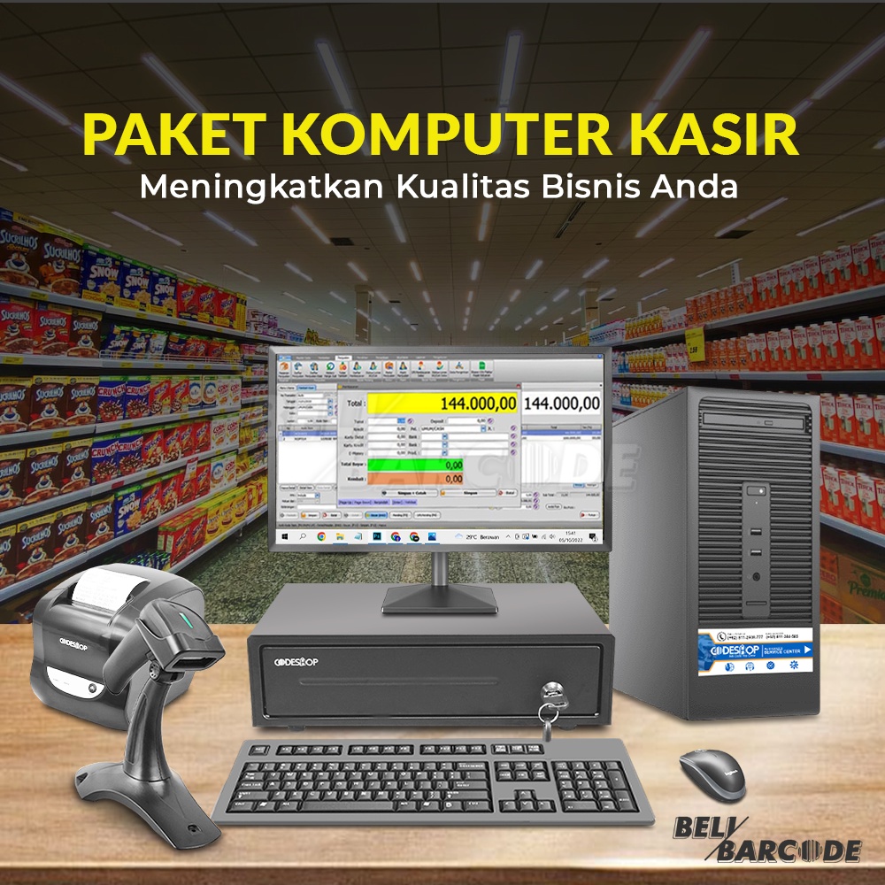 Paket Komputer + Program Kasir + Scanner Barcode CD207BT + Printer Thermal CBT58II + Laci Kasir CK335