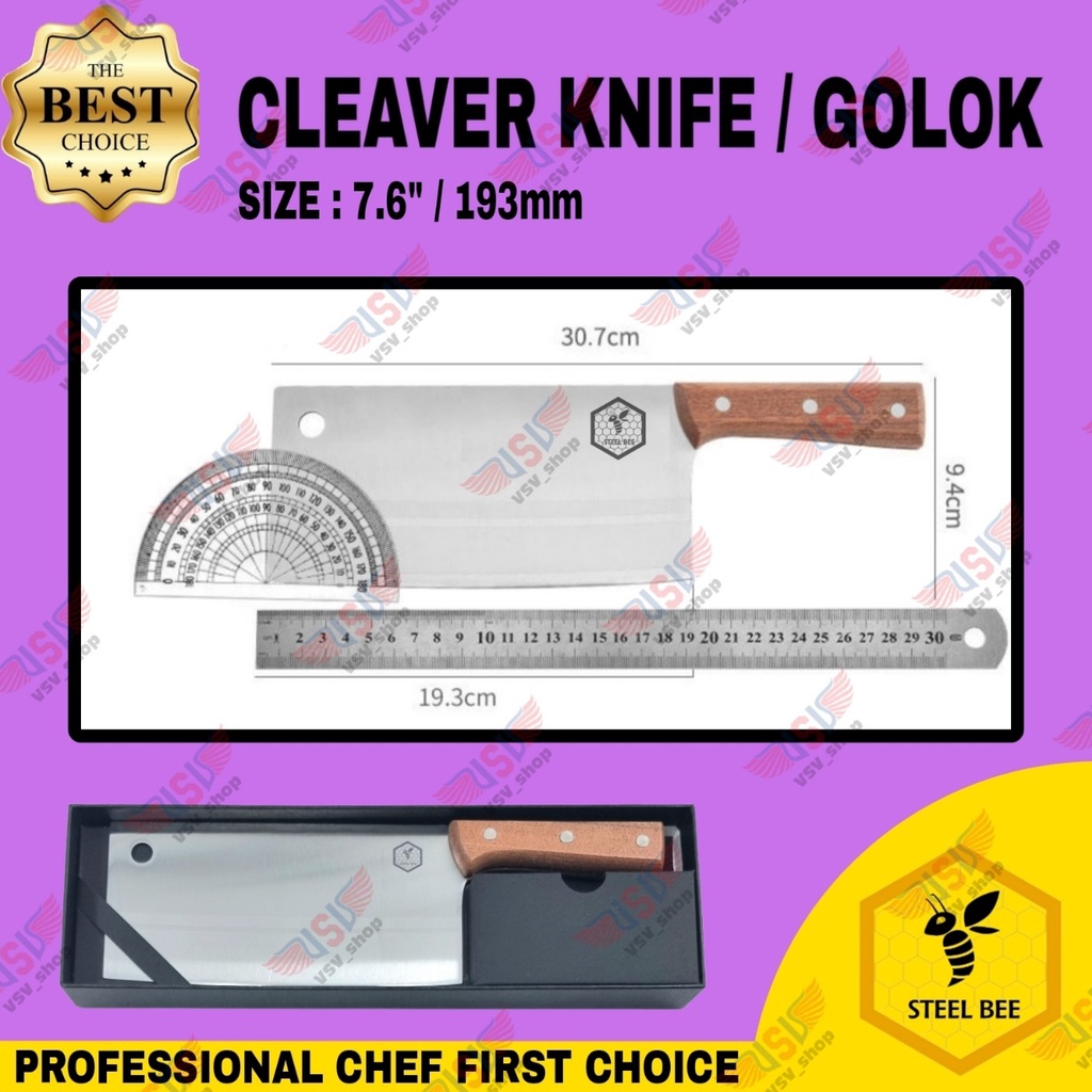 Steel Bee Pisau Dapur Pisau Daging Gagang Kayu Premium Cleaver 7.6&quot; Tahan Karat