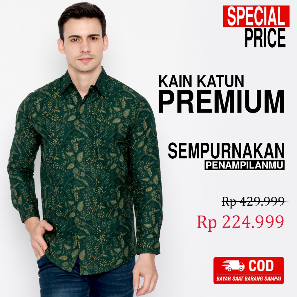 KEMEJA BATIK PRIA Slimfit Slim Fit Lengan Panjang Premium Warna Hijau Tua Ijo Kuning 728017 Cap 72 - Baju Kemeja Atasan Pakaian Setelan Batik Pria Cowok Laki Laki Remaja Keluarga Kantor Lengan Panjang Modern Slimfit Slim Fit Premium Kekinian