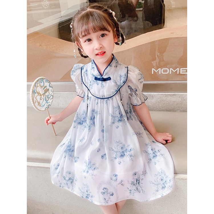 Dress Anak Perempuan Cheonsam Biru Putih