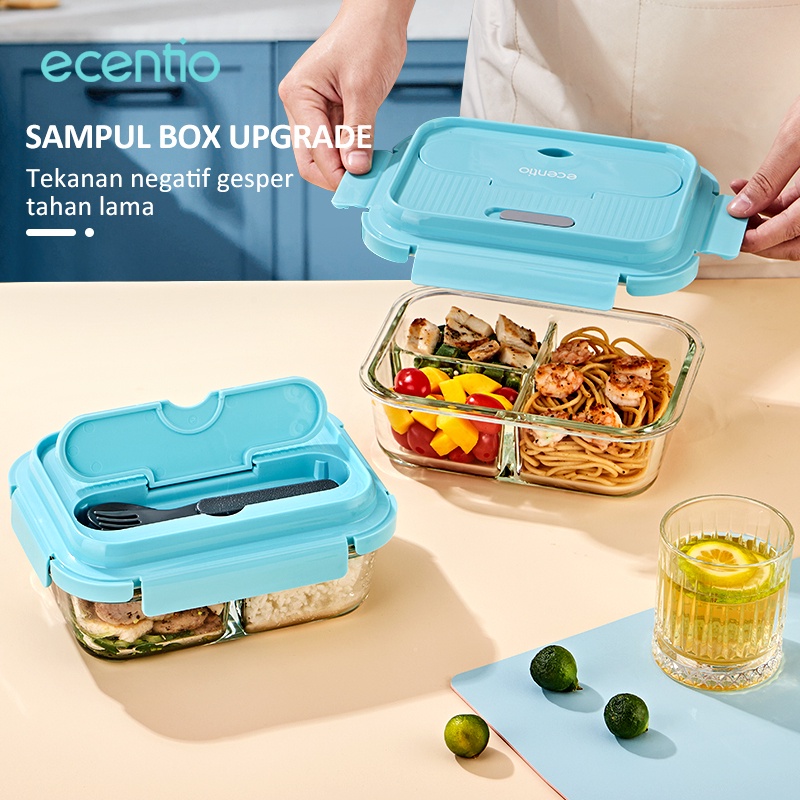 ecentio lunch box kaca 1040ml 3 grid biru kaca borosilicate berkualitas tinggi dan sendok/Free BPA