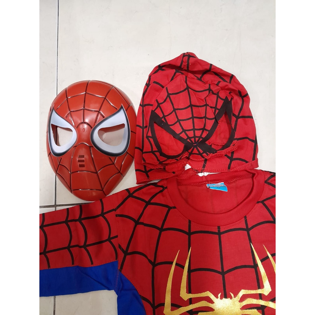 3.BAJU KAOS SETELAN KARAKTER SPIDERMAN + TOPENG KAIN + TOPENG PLASTIK, KAOS ANAK, KAOS SETELAN, KOST