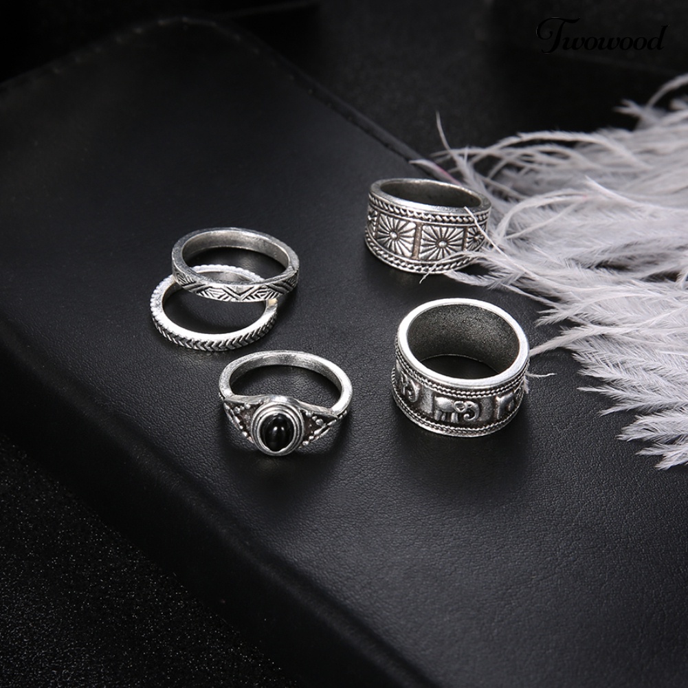 5pcs / Set Cincin Knuckle Bentuk Gajah Ukir Aksen Batu Bulat Gaya Retro Untuk Wanita