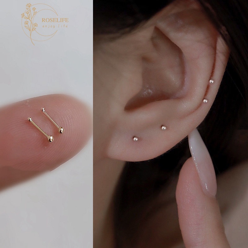 1 Pasang Anting Stud Bentuk Bola Mini Bahan S925 Sterling Silver Ukuran 2mm Untuk Wanita