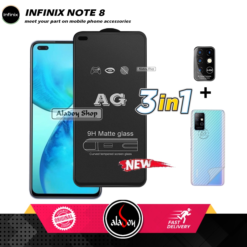 Paket 3IN1 Tempered Glass Layar Matte Anti Glare Infinix Note 8 Free Tempered Glass Camera dan Skin Carbon