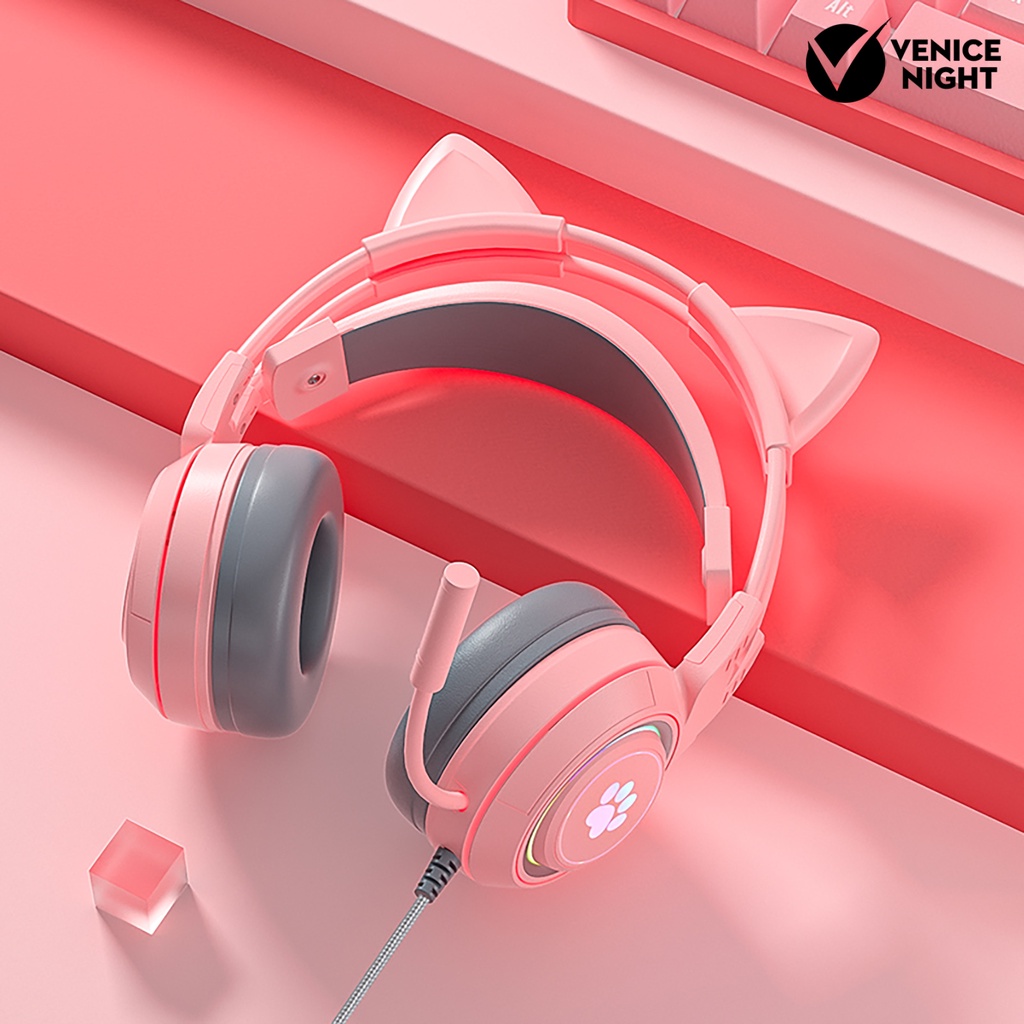 (VNEP) (Berkabel) SY-G25 Headphone Pencahayaan RGB Omni-directional Mic Over-Ear Komputer Headphone dengan Cute Cat Ear untuk E-sport