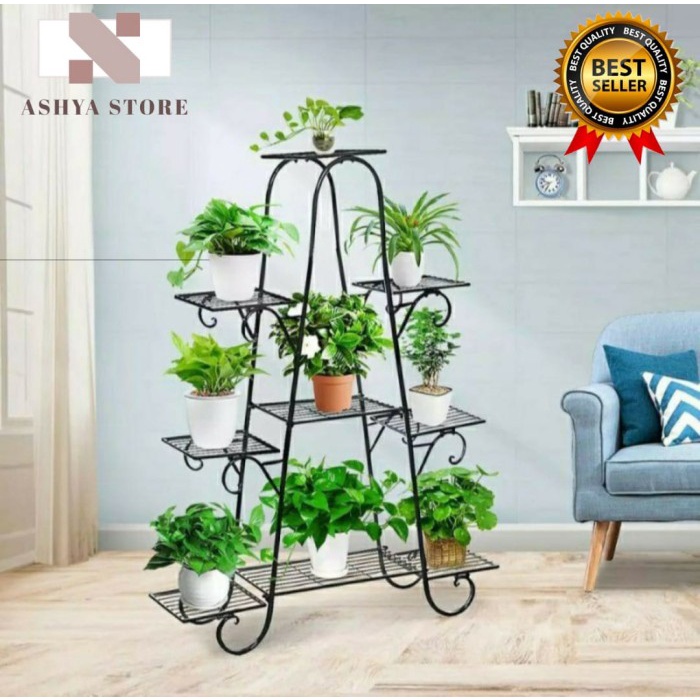 Hiasan Taman Rak Pot Bunga Besi Susun 9/Standing Pot Besi Untuk 9 Pot - Putih