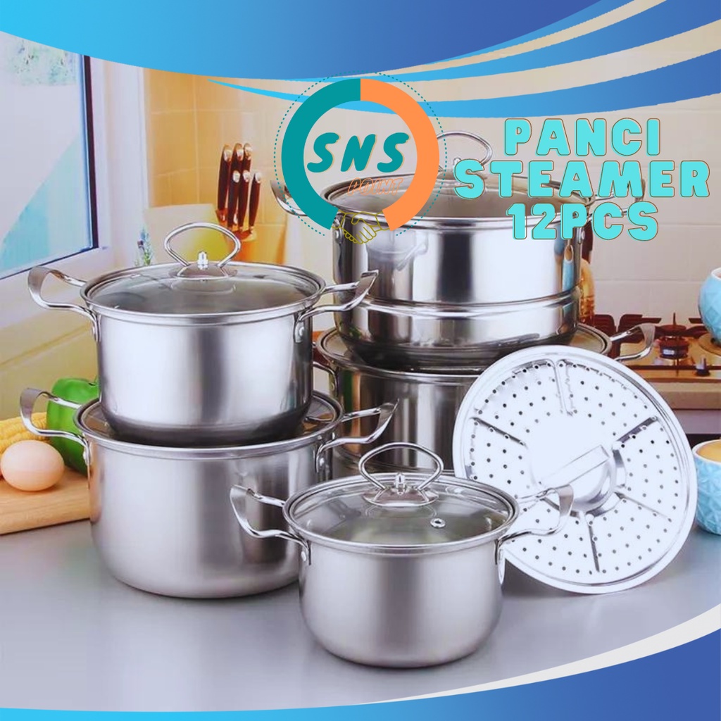 SNS Panci Steamer Set 12 Pcs Stainless Steel Tutup Kaca Tebal  Peralatan Kuat Mewah Elegan Masak Ser