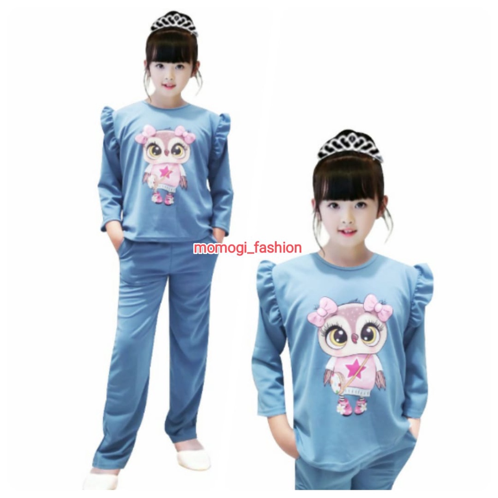 MOMOGI- SETELAN VIRAL OVERSIZE ANAK MOTIF BURUNG HANTU / SETELAN VOXY PREMIUM / Usia 5-10thn