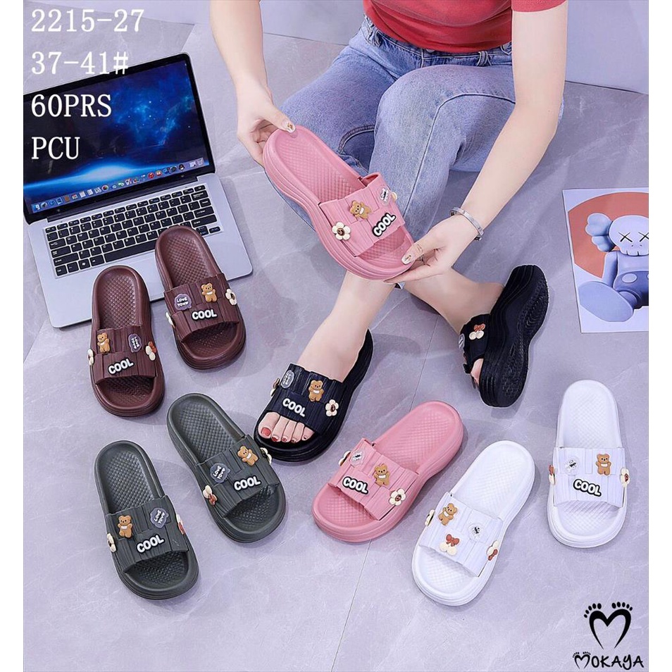 Sandal Slop Wedges Tebal Jelly Wanita Motif Mainan Jibbitz Cool Bear Super Empuk Lucu Kekinian Import Mokaya / Size 37-41 (2215-27)