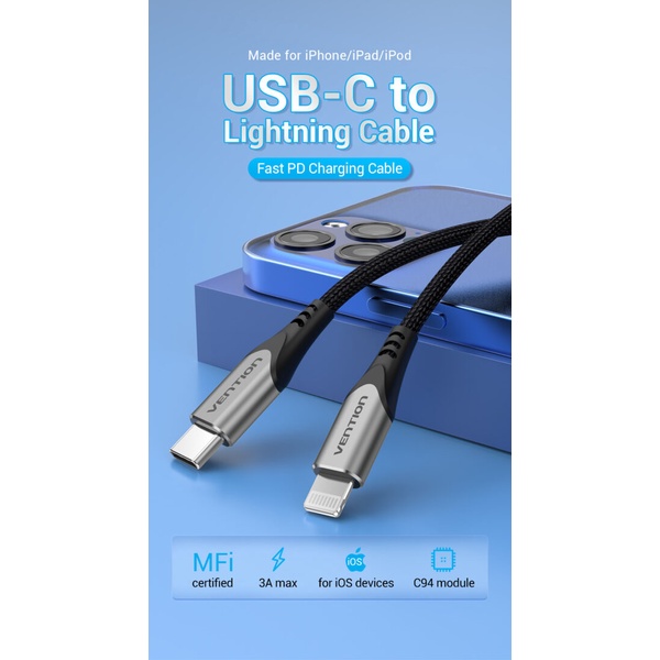 Vention Cable MFi USB-C To Lightning Nylon Braided Gray New - TAC