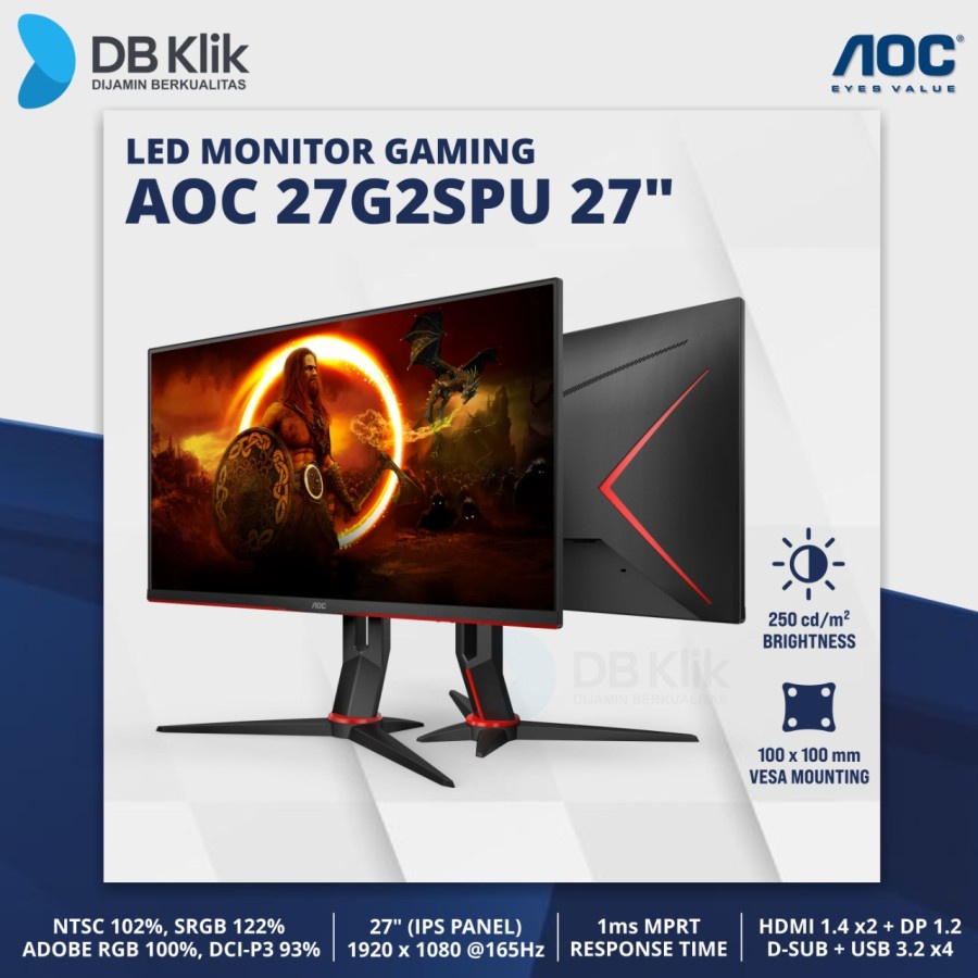 LED Monitor Gaming AOC 27G2SPU 27&quot; 165Hz FHD HDMI VGA DP - 27G2SPU/BK