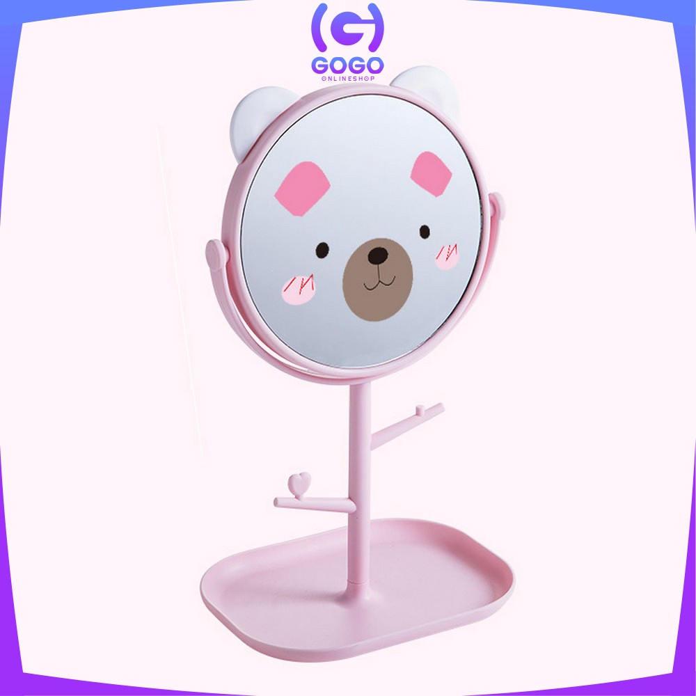 GOGO-K91 Cermin Motif Telinga Panda Serbaguna / Kaca Meja Rias Bulat Lucu / Standing Mirror Makeup Desktop Rotating Multifunction