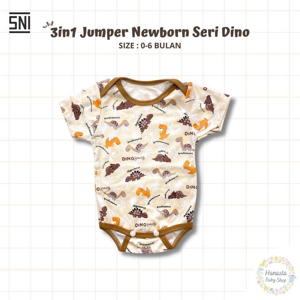 Jumper Bayi 3in1 Lengan Pendek Jumpsuit Newborn 0-6 Bulan Seri Dino