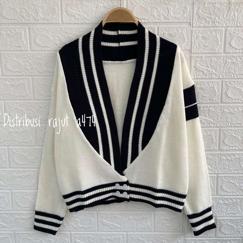 YOKOHAMA CARDIGAN RAJUT KANCING MOTIF GARIS GARIS OUTER WANITA KOREA