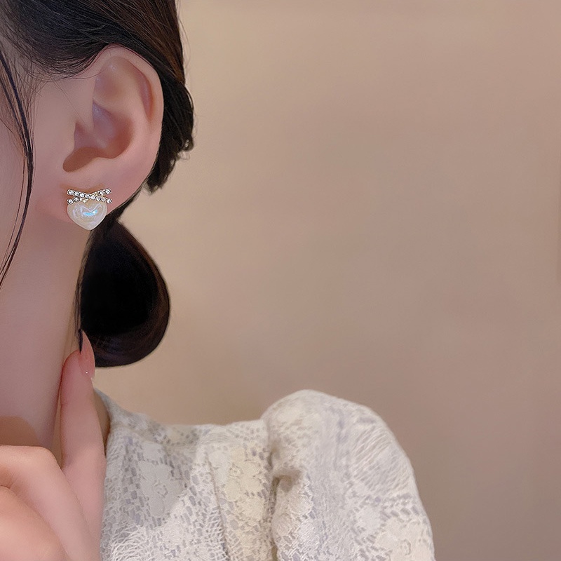 Anting Tusuk Gantung Bahan Sterling silver 925 Desain Hati + Silang + Mutiara + Berlian Untuk Wanita