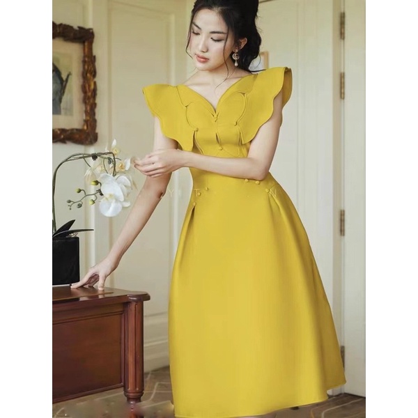 [Premium Series] 3D Butterfly Yellow Dress Import Premium ( Dress Kondangan Kupu Kupu )