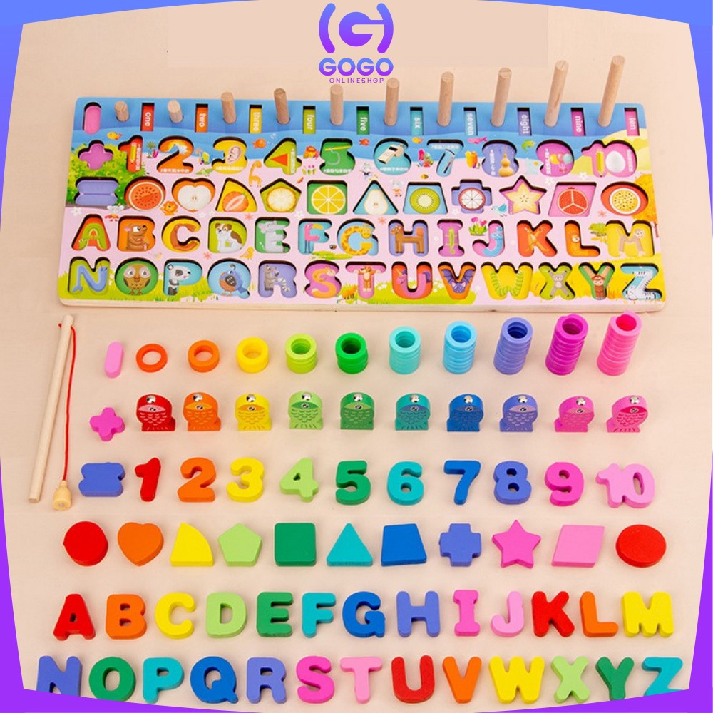 GOGO-M94 Mainan Edukasi 7in1 Puzzle Kayu Anak Huruf dan Angka Pancing Ikan Montessori Wooden Toys