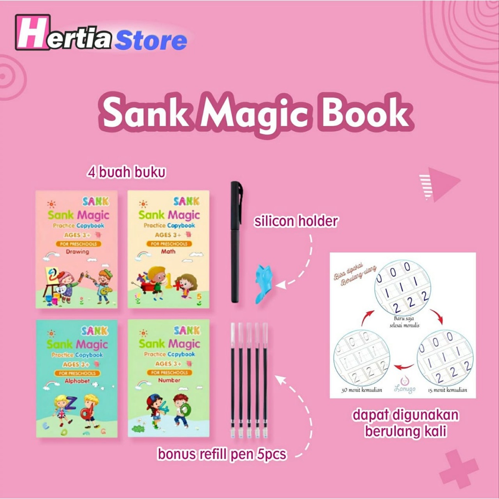 

[hertiastore] Sank Magic Book Alphabet 1 set isi 4, Buku Latihan Belajar Menulis TK PUD, tinta bisa hilang sendiri