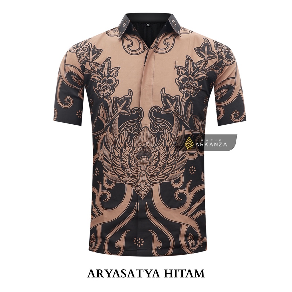 BATIK ARKANZA Motif ARYASATYA HITAM Hem Atasan Kemeja Baju Batik Pria Cowok Laki Laki Slimfit Full Lapis Furing Lengan Panjang