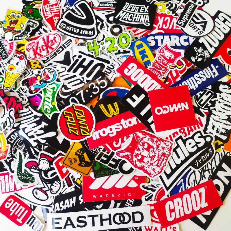 

UKURAN BESAR STANDAR ASLI Stiker brand distro paket isi 45 pcs murah grosir pembelian random atau acak bahan graftac anti air