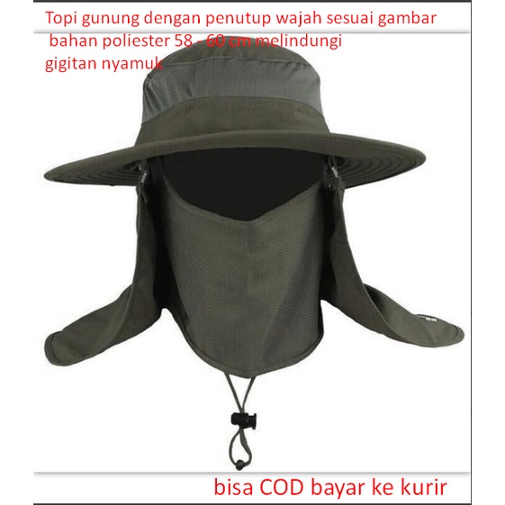 Topi gunung dengan penutup wajah sesuai gambar bahan poliester 58 - 60 cm melindungi gigitan nyamuk