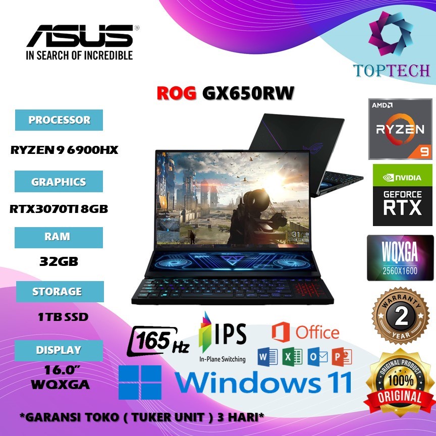 Laptop Gaming Asus Rog Zephyrus Duo 16 GX650RW R97RM7TO RYZEN 9 6900HX RAM 32GB 1TB SSD RTX3070TI 8GB W11+OHS 16.0