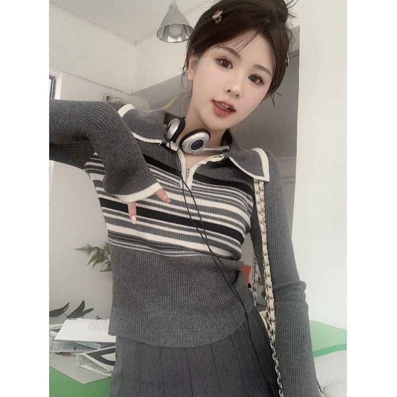 Red Korea Bergaris Polo Kerah Rajutan Sweater Wanita Musim Gugur Tipis Lengan Panjang Kemeja Bottoming Gaya Asing Pendek Niche Top Pakaian Dalam