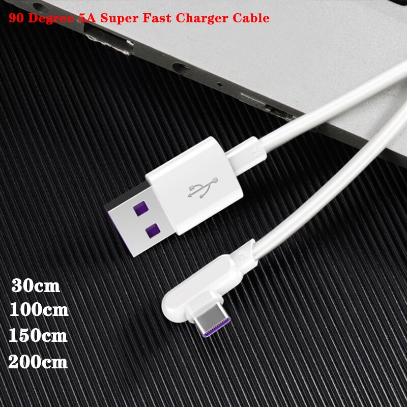 90 Degree Kabel Charger USB Tipe C 90 Derajat 5A 0.3 / 1.5 / 2M Untuk Huawei Mate 40 30 P40 P30 Pro Nova 6 7 8 Se Honor 30