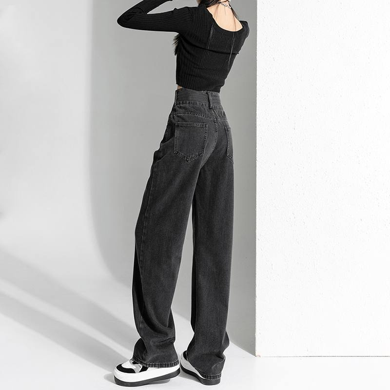 Suhao hitam dan abu-abu high-waisted wide-leg jeans wanita 2022 baru kaki lurus longgar tirai pelangsing semua pertandingan celana mengepel lantai