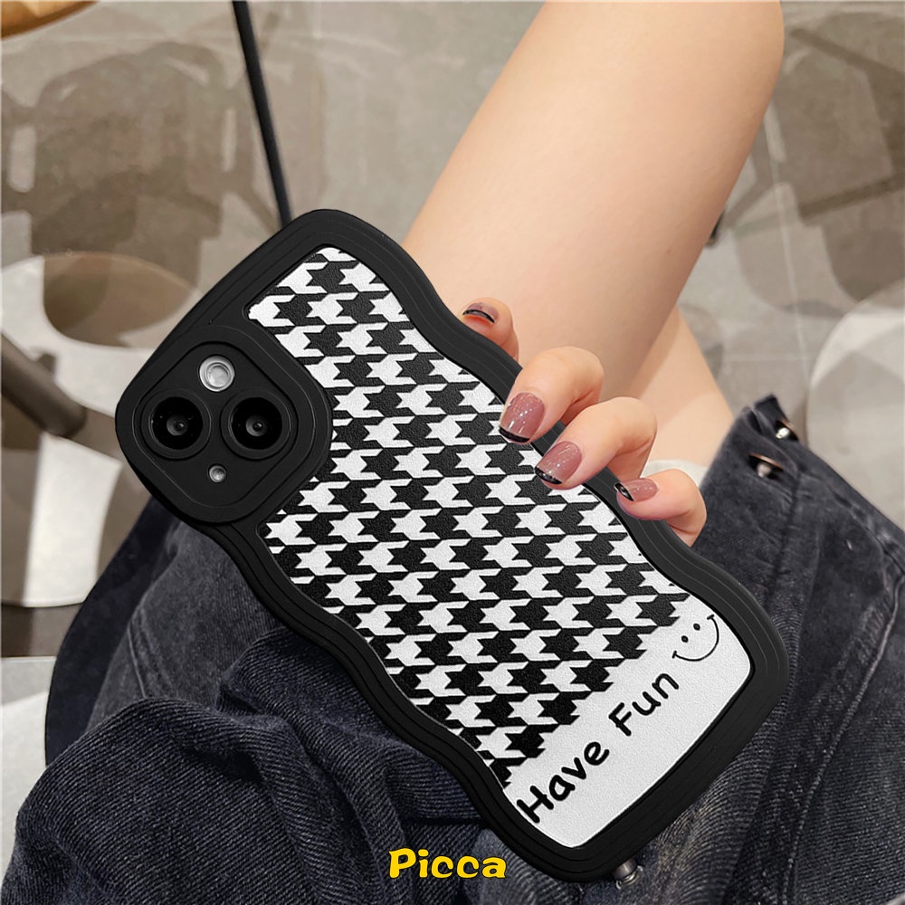 Case Vivo Y20 Y02 Y21s Y12 Y35 Y16 Y11 Y15s Y33s Y21 Y15 Y22 Y12i Y22s Y17 Y93 Y12s Y15A V20 V21 Y30 Y50 Y91C Y21T Y75 Y91 Ins Motif Smiley Houndstooth Hitam Wavy Edge Soft Cover