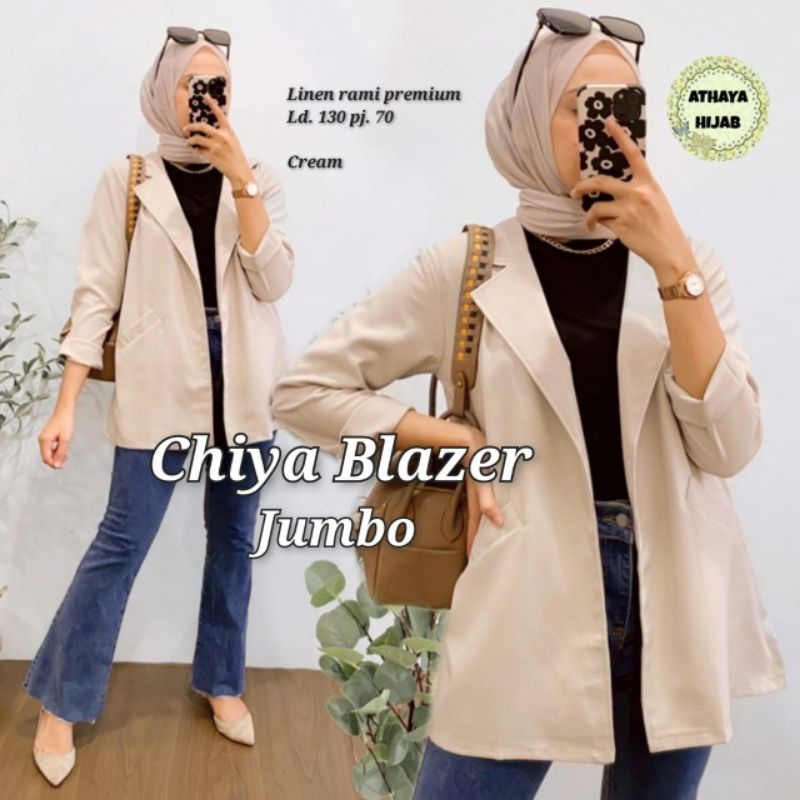 Blazer Jumbo Wanita Chiya Blazer Linen RamiOuter Hitam Wanita Korea Terbaru  LD 130 By Athaya Hijab