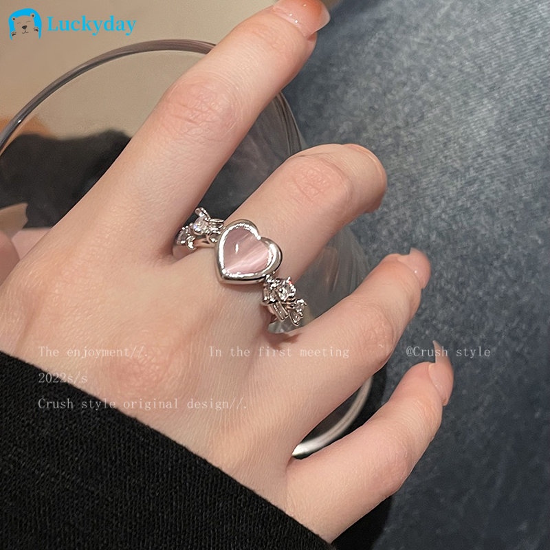 YEEZII Cincin Silver Model Terbuka Adjustable Desain Hati Hias Opal Pink Untuk Wanita