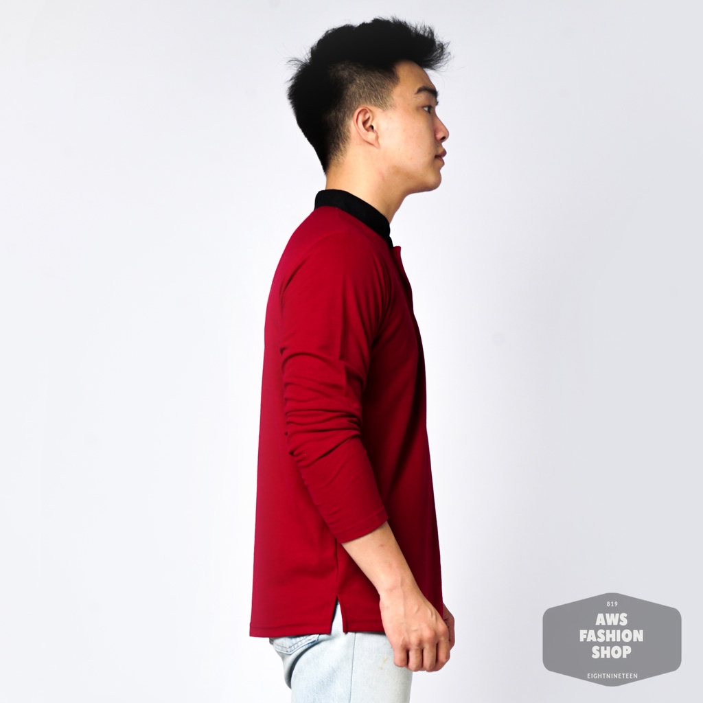 819 Kaos Polo Pria Polo Shirt Kerah Shanghai Lengan Panjang Warna Merah Maroon Red Casual Tersedia Ready Sampai Size JUMBO BIG SIZE XXL XXXL