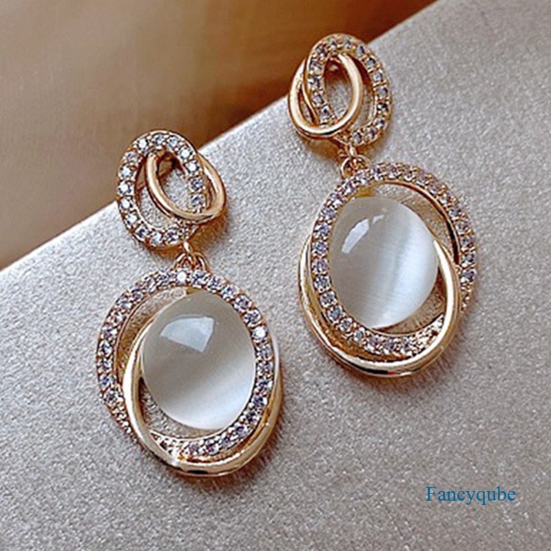 Fancyqube Anting Gantung Batu Bulan Imitasi Warna Emas Gaya Korea Untuk Wanita