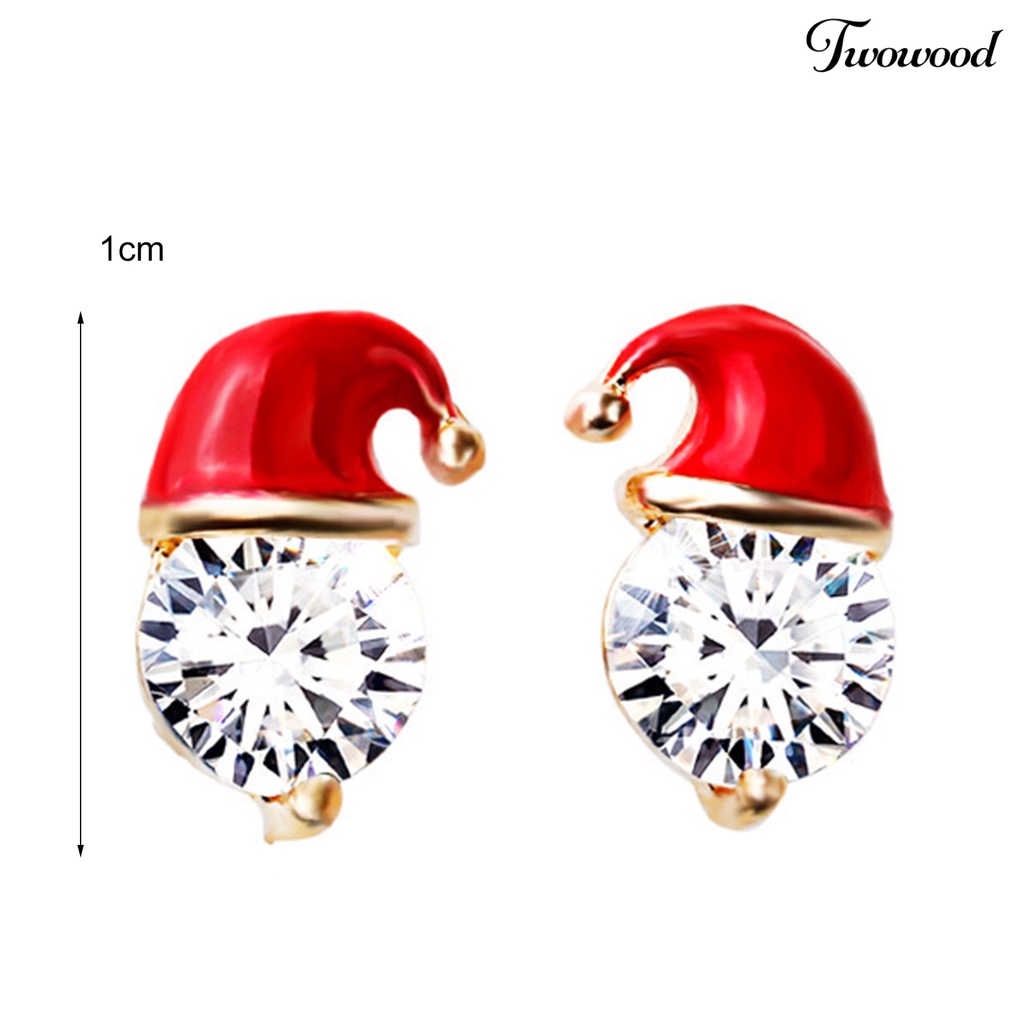 1 Pasang Anting Stud Cubic Zirconia Bentuk Topi Natal Warna Merah Untuk Wanita