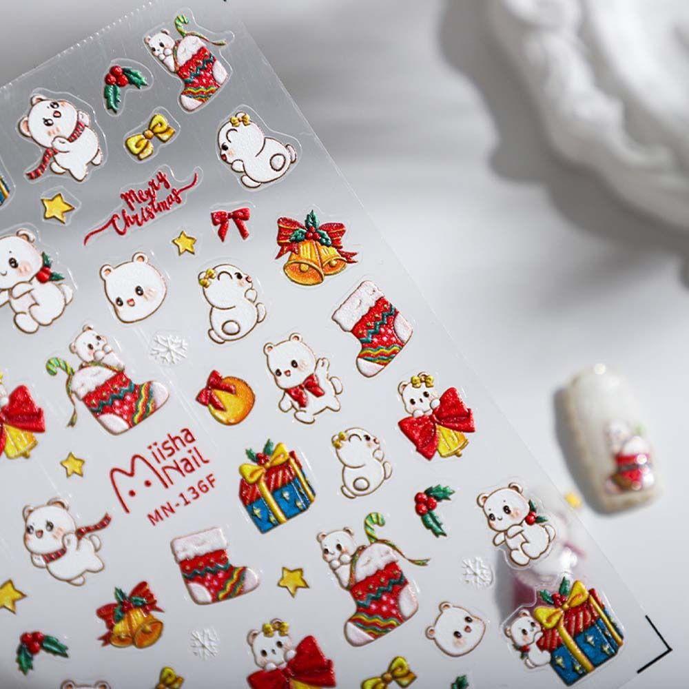 Mxbeauty Stiker Kuku Natal Fashion Relief Lampu Natal Elk Snowman Nail Art Dekorasi