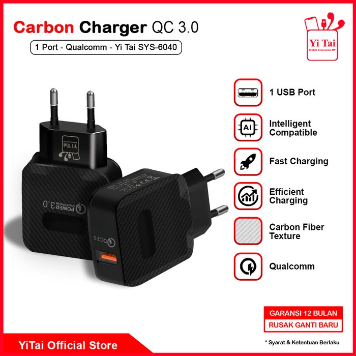 CARBON CHARGER YI TAI QC3.0 1 PORT USB SYS-6040 FAST CHARGING