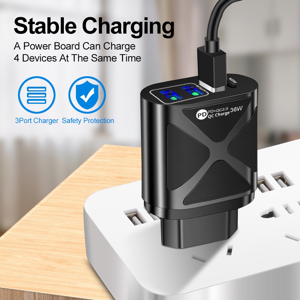 Adapter Power Charger 36W QC3.0 + PD 4 Port Usb + PD Portable Untuk Iphone / Android