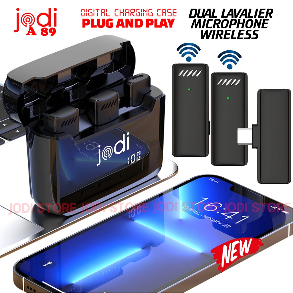 Jodi A89 2 Microphone Dual Mic Clip On Lavalier Nirkabel Wireless Live Streaming VLOG Dengan Casing 