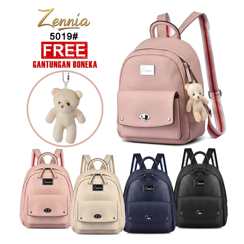 Tas Kulit Zennia 5019 Ransel Wanita Casual Korea Punggung Kerja Sekolah Kuliah Backpack Perempuan Selempang Cewek Bag Free Boneka