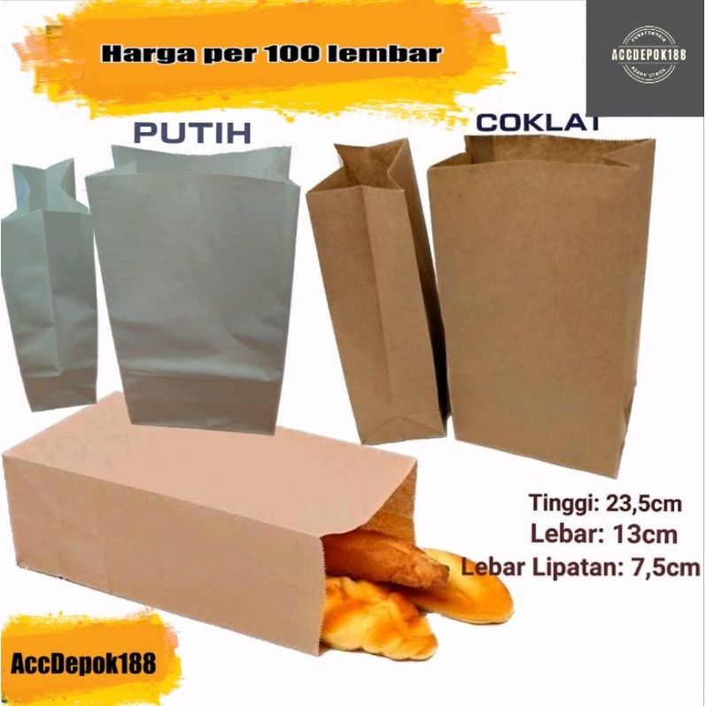 KANTONG KERTAS COKLAT / PAPER BAG PUTIH COKLAT / KANTONG KERTAS ROTI KRAFT 80 GSM ISI 100 LEMBAR