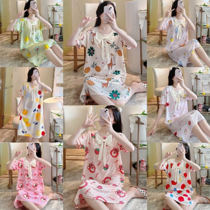 BAJU DASTER WANITA DEWASA KEKINIAN SPANDEK IMPORT LENGAN PENDEK PITA LUCU PIYAMA BAJU TIDUR KAOS FAS