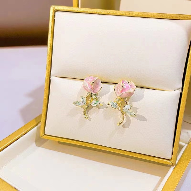 Anting S925 Silver Needle Bentuk Bunga Mawar Warna Pink Untuk Wanita