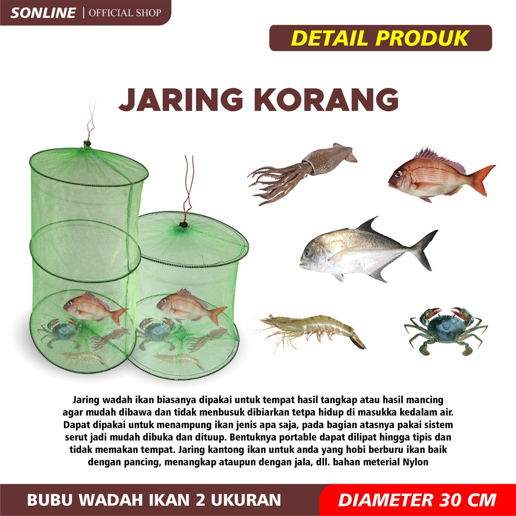 SONLINE Jaring Korang Wadah ikan 2 &amp; 3 Layer tempat Ikan bubu bulat Perangkap Ikan Jebakan Ikan Udang Lobster Wadah Ikan Lipat Bulat